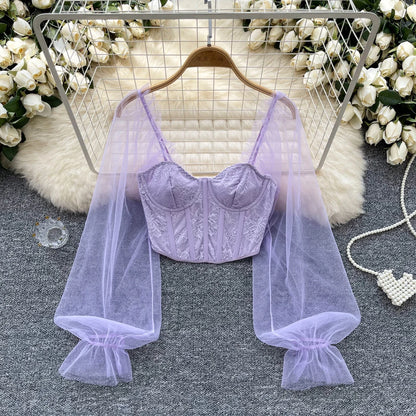 Women Chic Lace Mesh Sheer  Long Sleeve Backless Crop Top Solid Slim Sexy Korean Fashion Summer Women Shirt Square Collar
