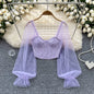 Women Chic Lace Mesh Sheer  Long Sleeve Backless Crop Top Solid Slim Sexy Korean Fashion Summer Women Shirt Square Collar