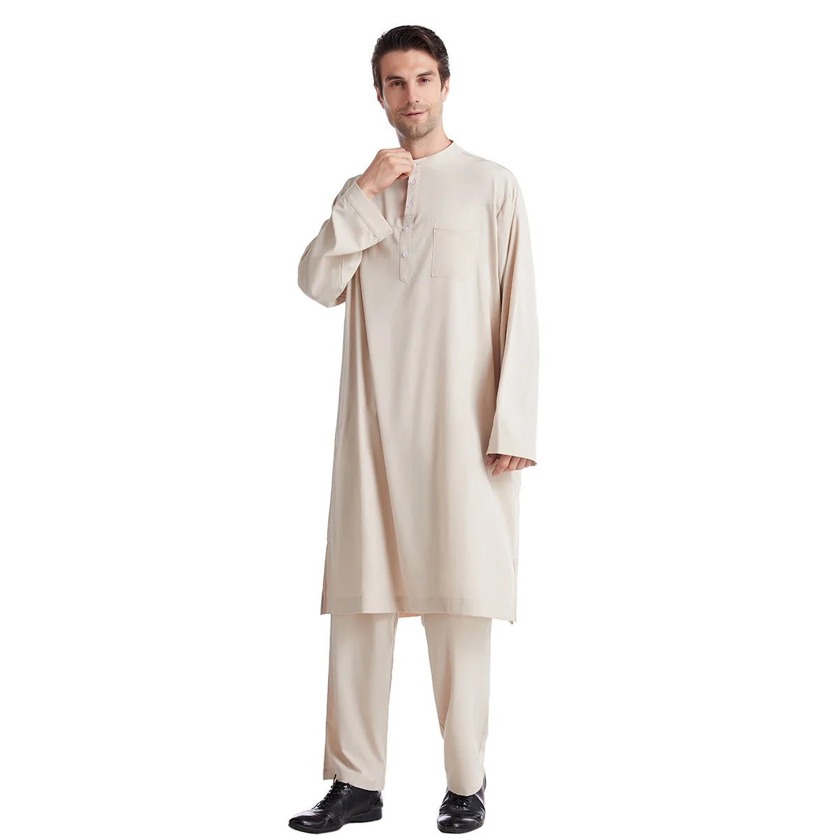 Muslim Men Jubba Thobe 2 Pice Set Top with Pant Mens Abaya Long Islamic Eid 2025 Ramadan Long Robe Saudi Wear Caftan Dubai Arab