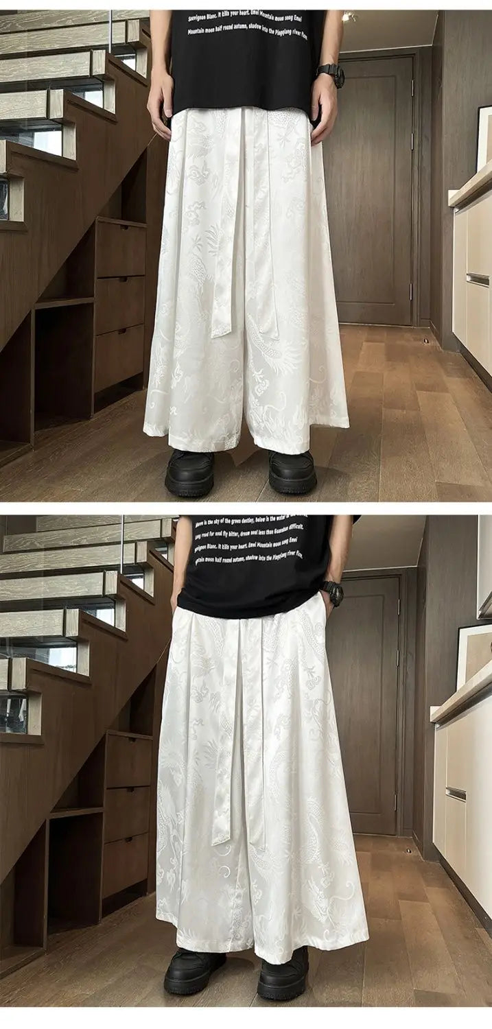 Men's Black Dragon Jacquard Wide-Leg Pants - New Chinese Style Satin Belted Trousers
