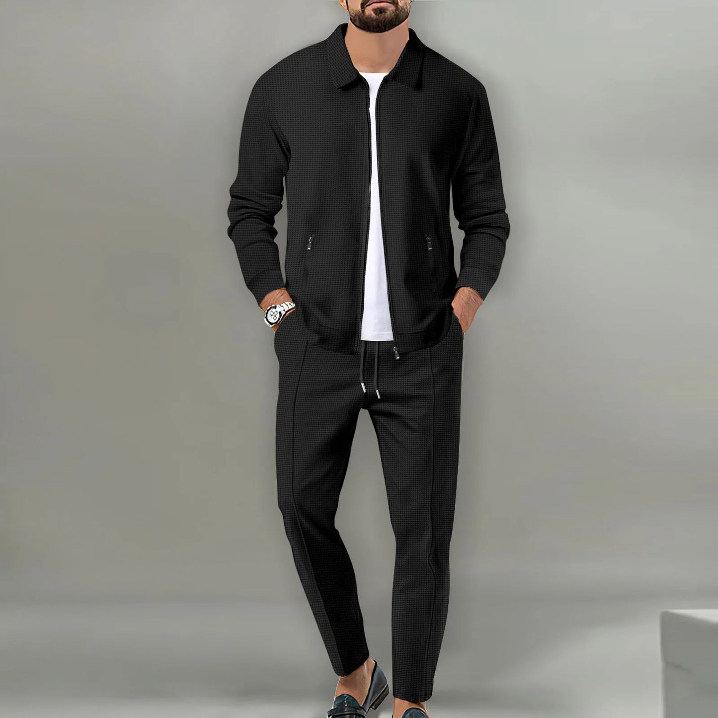 Autumn Winter Men's Casual Blazer Set New Fashion Waffle Baseball Suit Round Neck Pocket Zipper Long Sleeve Trousers Two-Piece S