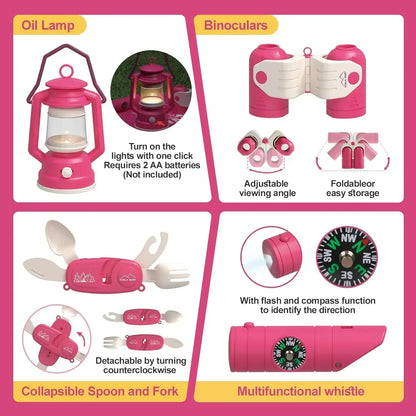 Kids Camping Set Indoor Outdoor Exploration Kit Pretend Play Toys Camping Tools Birthday Gift for Girl Boy OPTIONAL Pop Up Tent
