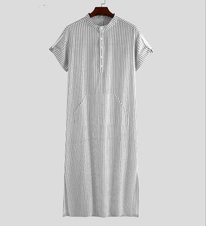 Fashion Men's Islamic Arabic Kaftan Striped Short Sleeve V Neck Casual Pockets Muslim Robes Saudi Arabia Dubai Jubba Thobe robes