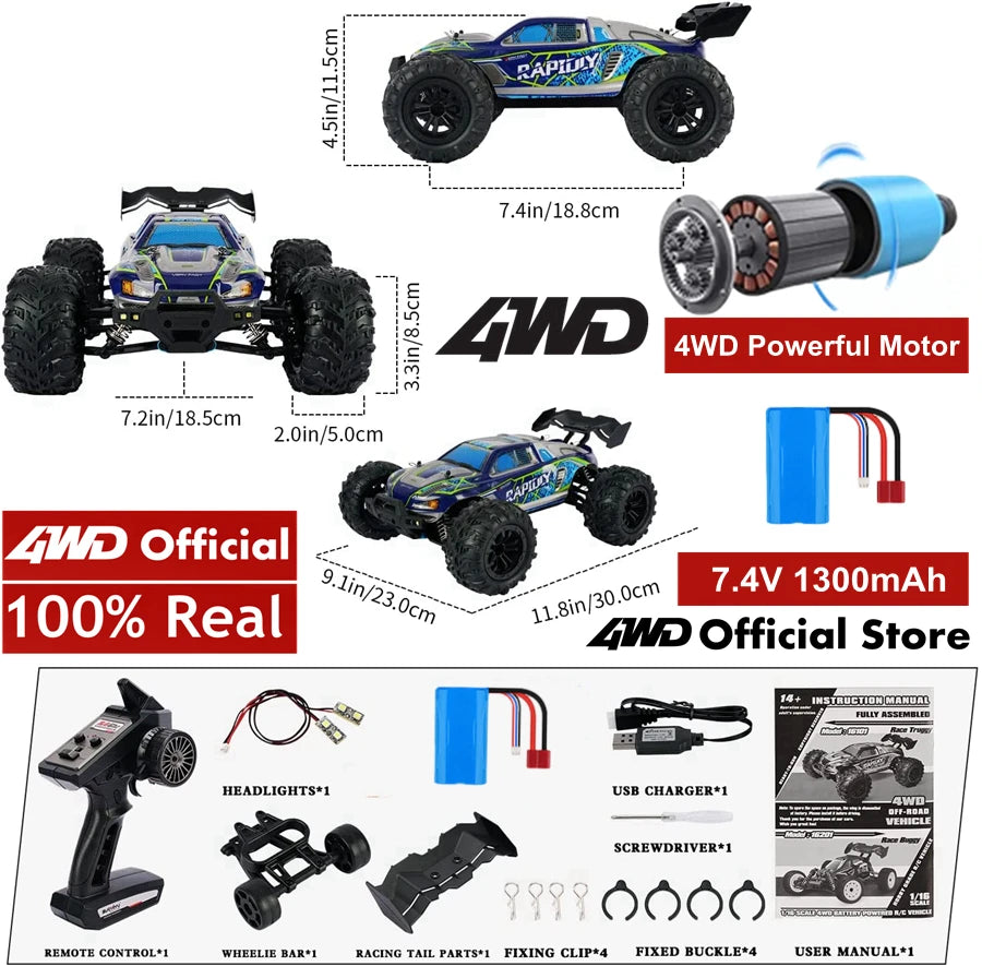 4WD 1:16 80KM/H Super Brushless 50KM/H Brushed RC Car 4x4 Off Road Remote Control High Speed Drift Racing Truck Buggy Toy Gift