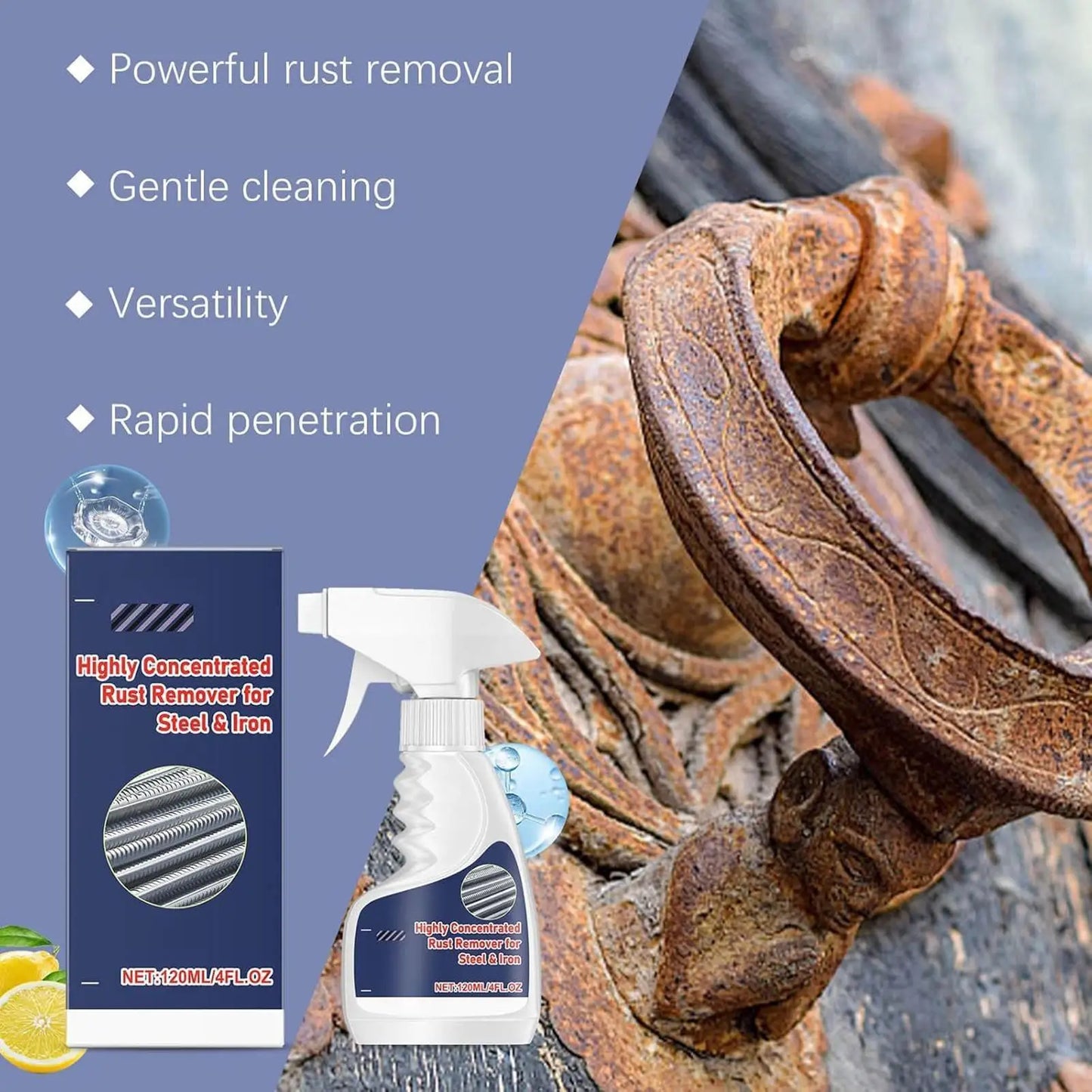 NEW All-Purpose Rust Remover Spray 120ML, Fast-Acting Iron Oxidation Eliminator, Restores Shine, Safe on Various Surfaces
