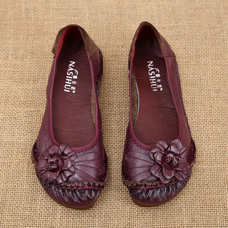 Vintage Flower Moccasins Woman Genuine Leather Ballet Flats Ladies Hollow Slip Ons Women's Luxury Loafer Purple Walking Shoes 42