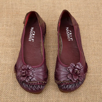 Vintage Flower Moccasins Woman Genuine Leather Ballet Flats Ladies Hollow Slip Ons Women's Luxury Loafer Purple Walking Shoes 42