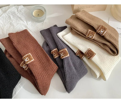 1/3Pairs Winter Thick Warm Padded Socks Solid Color Mid Calf Socks Women’s Casual Embroidered Logo Pile Socks Cold Weather Wear