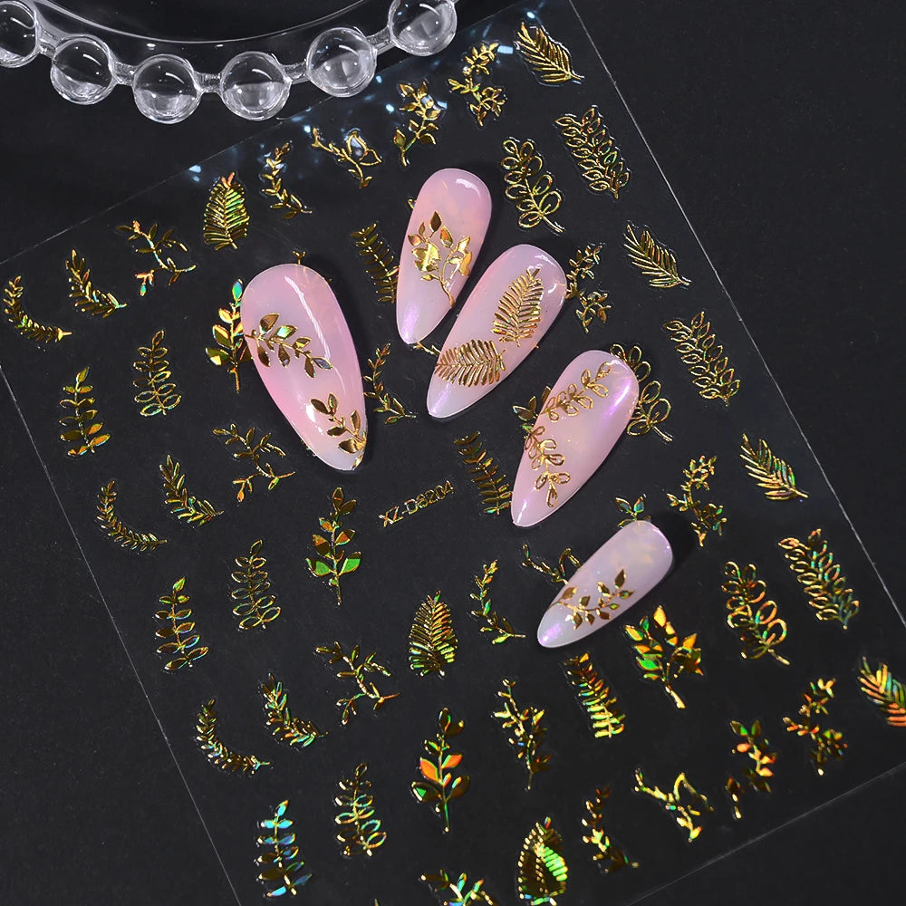 12pcs/set 3D Shiny Leaf Flower Nail Art Sticker Laer Gold Bronzing Leaves Nail Decals 8*10cm Self-Adhesive Nail Art Supplies e5#