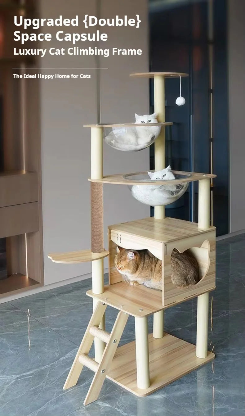 Large Cat Climbing Frame with Thickened Hemp Rope Multi-layered Wooden Cat Tree Tower and Integrated Scratching Post for Pets