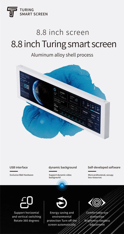 TURZX 8.8 Inch USB Secondary Screen Type-C Desktop Extended Display TF Card Play 1920*480 IPS LCD CPU RAM GPU Monitor NO AIDA64