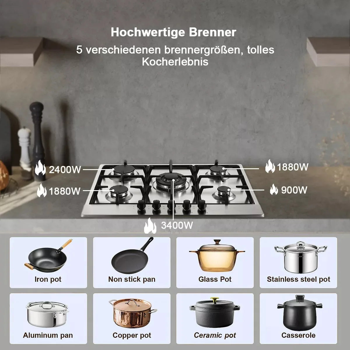 TopStrong 2/4/5 Burner 4200W Stainless Steel Auto Flame Protection Built-in for Natural Gas/Propane, Easy Clean, 30cm‌ Gas Hob