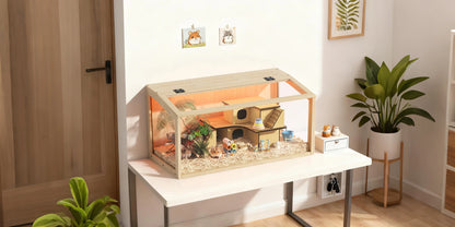 Large Wooden Hamster Cage Clear Tempered Glass Pet Small Animal Habitat Cage Playful Hutch House