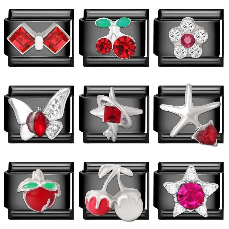 2025 New Original Black Red Stars Love Heart Bows Flower Italian Charm Link Fit 9mm Stainless Steel Jewelry DIY Making Bracelets