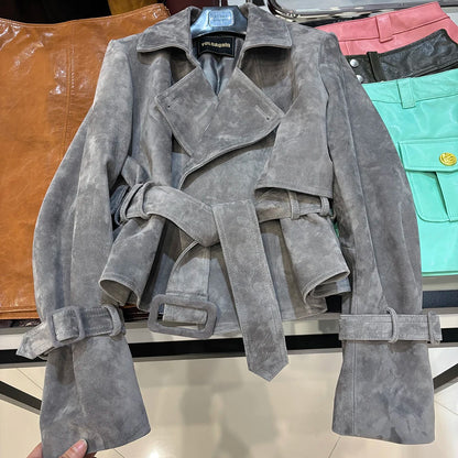 YOLOAgain 2025 Autumn Elegant Real Leather Jacket Coat Women Oversized Leather Jacket With Belt