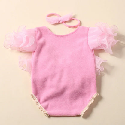 Ylsteed 2 Pieces Set Beige Newborn Photography Costume Lace Romper Bow Headband Set Baby Girl Photo Shooting Outfits