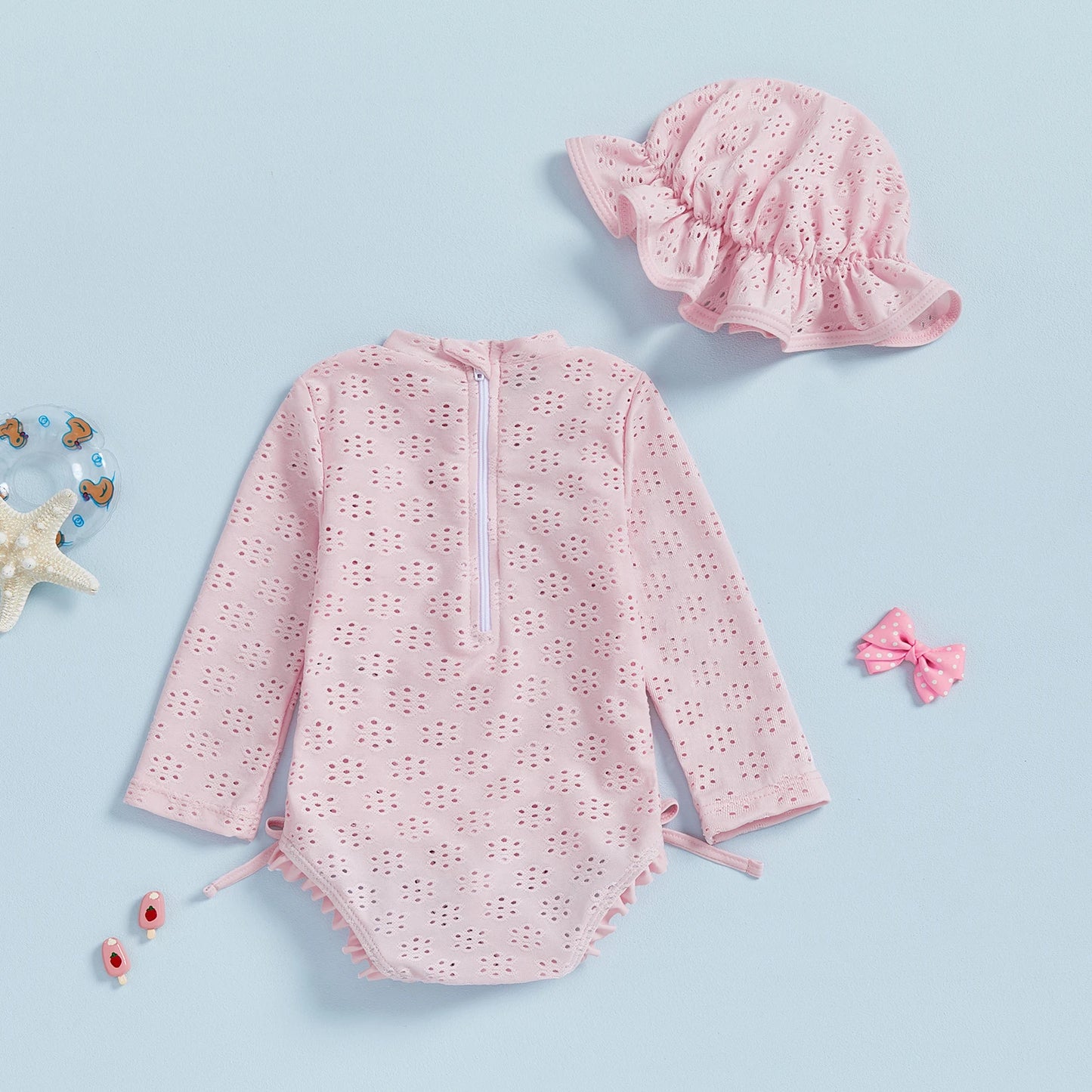 Infant Baby Girl Eyelet Swimsuit with Swimming Hat Toddler 2 Pcs Set Long Sleeve Round Neck Ruffled Romper Kids Bathing Suit