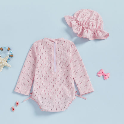 Infant Baby Girl Eyelet Swimsuit with Swimming Hat Toddler 2 Pcs Set Long Sleeve Round Neck Ruffled Romper Kids Bathing Suit