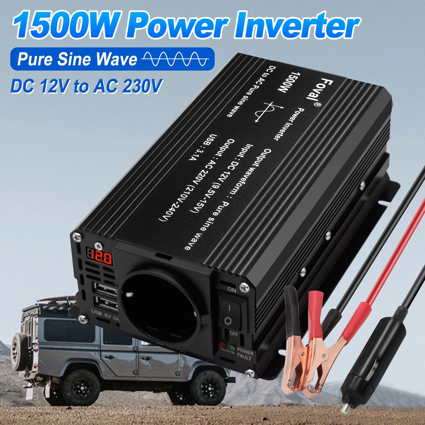 Pure Sine Wave Inverter DC 12V to AC 220V 230V 1500W/2200W/2600W/3000W Voltage Transfer Converter EU Socket Auto Accessories