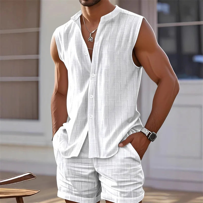 2025 New Men's Vest Shirt, Sleeveless Top and Shorts Plaid Two-Piece Set, Casual Trendy Sleeveless Shorts Hawaiian Beach Set