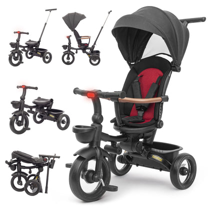 Baby Tricycle,7 in 1 Foldable Trike for Kids age 6M+ to 5 Years,Headlights.1-Step Brake Folding Pedal, Extended Canopy