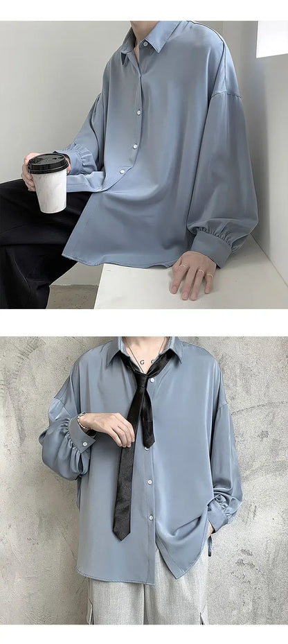 Korean Style Men's Long-sleeved Shirts Black Tie Cozy Casual Solid Oversize Blouses Breathable Loose Shirt Harajuku Male Clothes