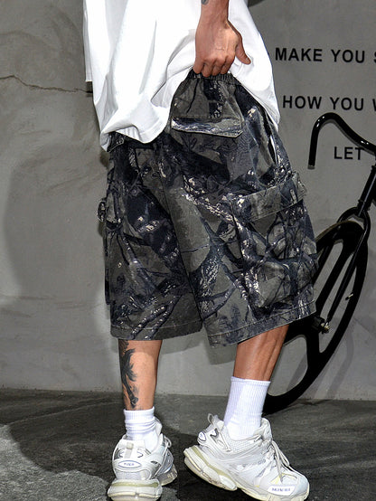 Men's fashionable workwear shorts, outdoor casual digital printed wide leg shorts, suitable for summer streetwear shorts, men's