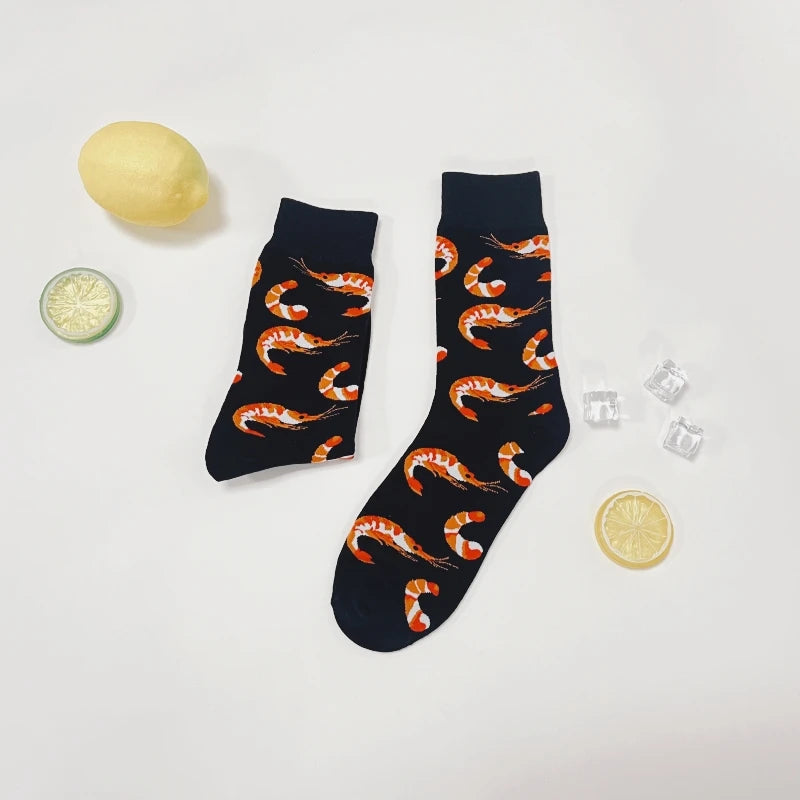 1 Pair Creative Shrimp Pattern，Casual Comfy Soft Mid-calf Men's Socks For Daily