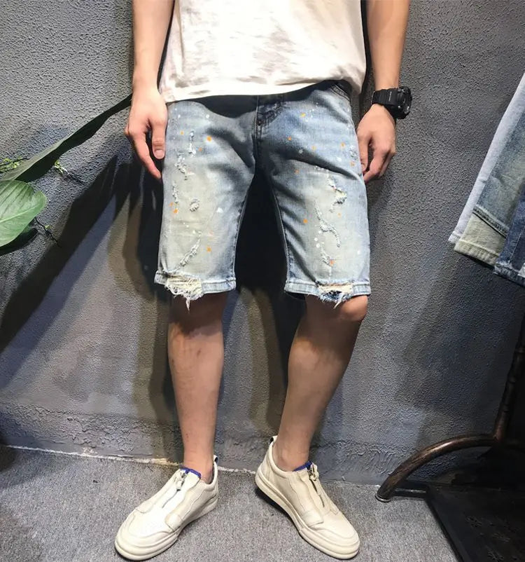 Summer Trendy Brand Handsome Denim Shorts Men's Washed Embroidered Patch Trendy Short Pants Ripped Slim-fit Elastic Middle Pants