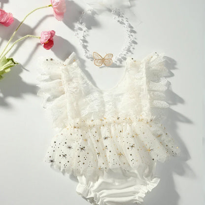 Baby Girl Outfit  Newborn Photography Princess Tutu Butterfly Glitter Star Lace Romper with Pearl Headband Infant Photo Props
