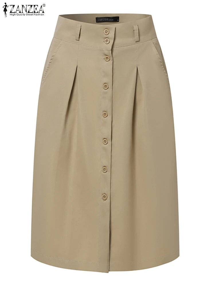 ZANZEA Woman Fashion OL Work Skirts Summer Elegant High Waist Skirt Female Casual Pleated Robe Vintage Buttons Up Faldas Saia