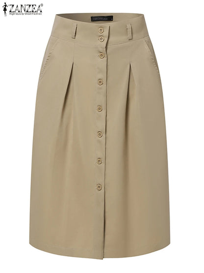 ZANZEA Woman Fashion OL Work Skirts Summer Elegant High Waist Skirt Female Casual Pleated Robe Vintage Buttons Up Faldas Saia