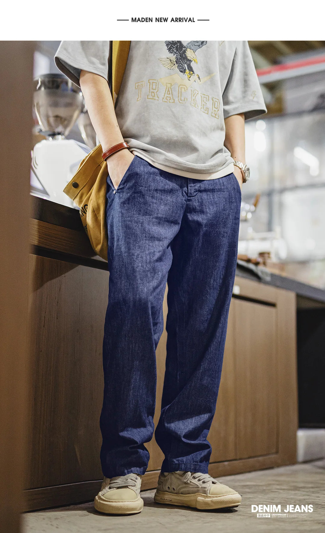 Maden Men's Vintage Denim Jeans Washed Blue Lightweight Baggy Straight Wide Leg Zipper Casual Spring Summer Pants