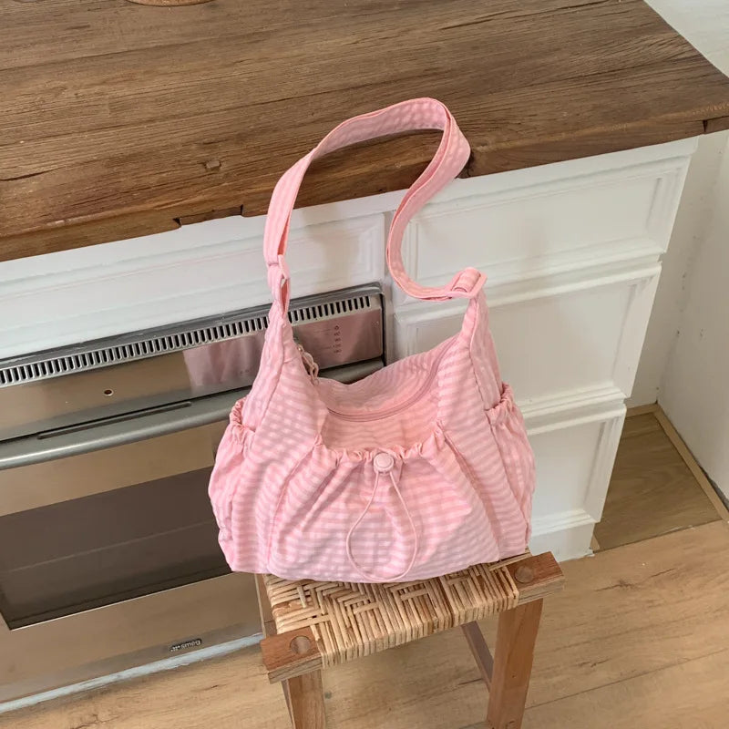 Korean Nylon Shoulder Bag Fashion Simple Plaid Zipper Tote Bag Drawstring Pleated Cloud Bag New Commuter Crossbody Shoulder Bag