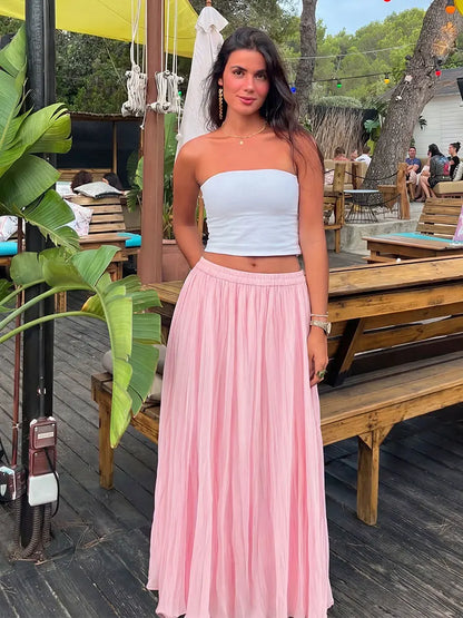 HH Women Elastic Waist Pleated Maxi Skirt Flowy A Line Pleated Long Skirt In Yellow White Pink For Spring Summer Beach Vacation