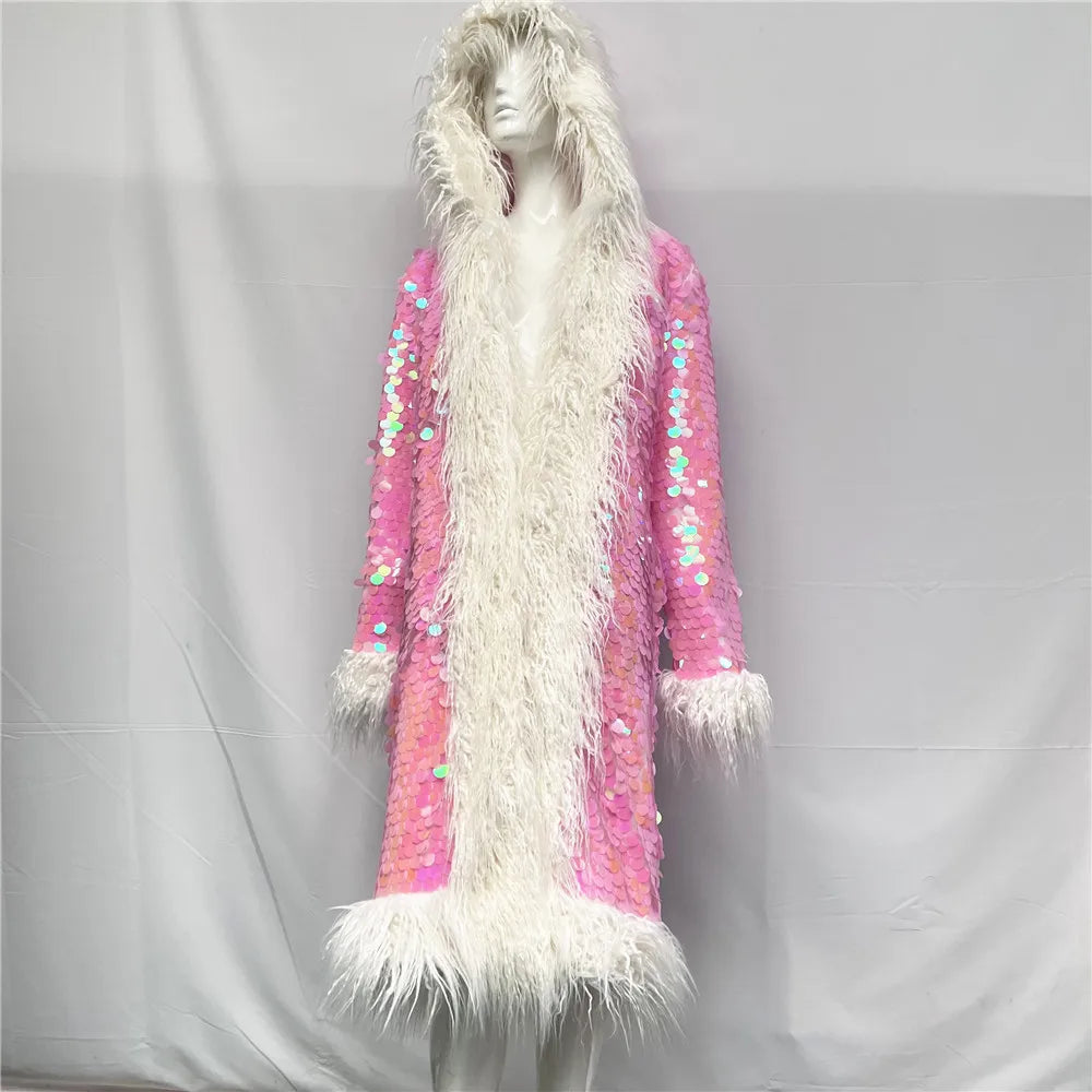 Patchwork Women Hooded Faux Fur Coat Fox Fur Long Sleeve Thick Warm Fur Outerwear Spliced Party Stage Loose Fit Sequined