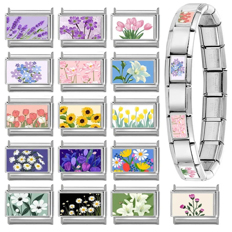2025 Women's Fashion Colorful Flowers Oil Painting Style Series Italian Charms Fit 9mm Stainless Steel Bracelet DIY Jewelry Gift