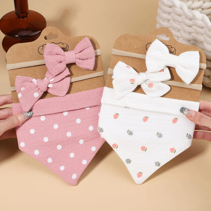 3Pcs/Set Muslin Cotton Print Bib Newborn Bows Headband Triangle Saliva Towel Infant Boy Girl Feeding Burp Baby Hair Accessories