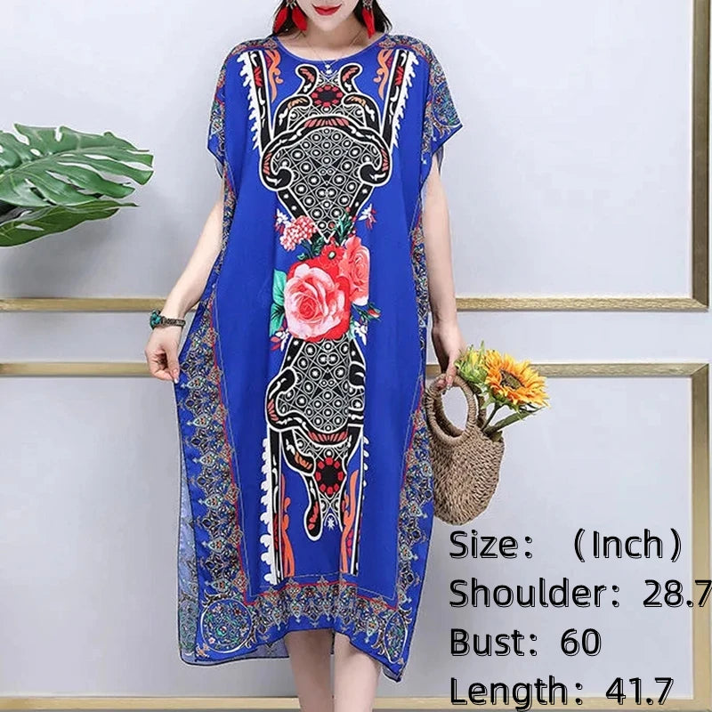 Casual Elegant Bohemian Printed Ethnic Style Retro Floral Woman Summer Street Wear Batwing Sleeve Loose Tunic Maternity Dress