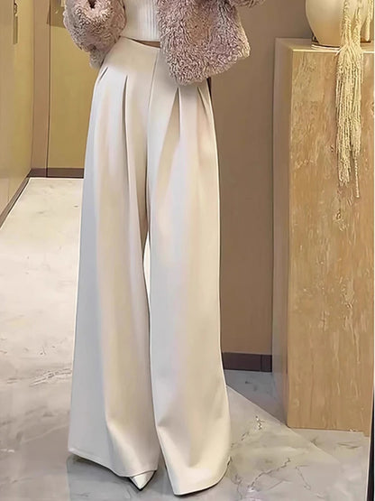 New European Retro High-end Pleated High-waisted and Thin, Super Good-looking White Drape Floor Pants for Women