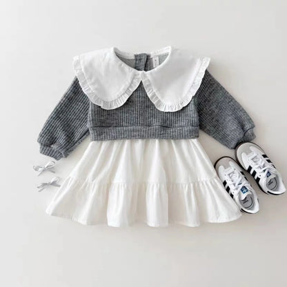 Q2731 Korean Style Girls' Turn-down Collar Dress Pure Autumn Collection Princess Skirt Color Block Design Children's Apparel
