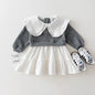 Q2731 Korean Style Girls' Turn-down Collar Dress Pure Autumn Collection Princess Skirt Color Block Design Children's Apparel