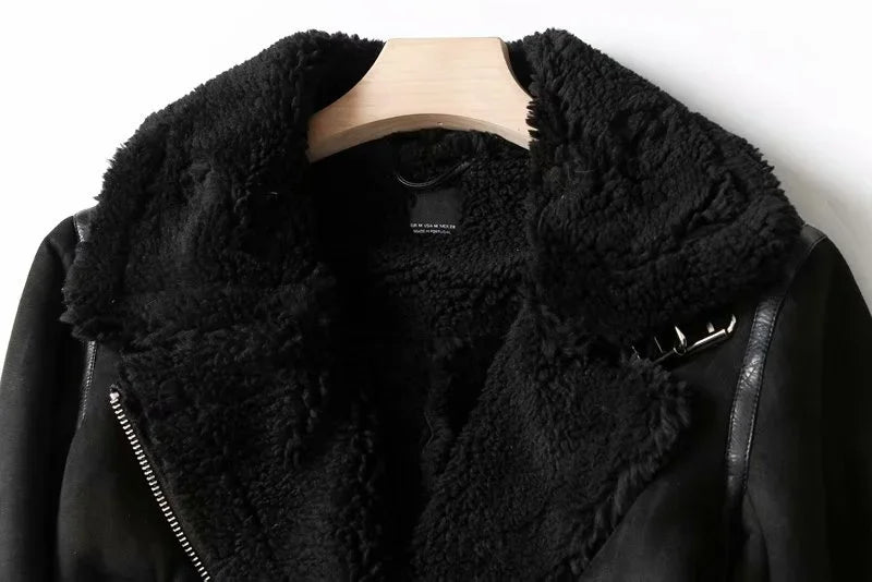 Winter Faux Shearling Sheepskin Fake Leather Jackets Lady Thick Warm Suede Lambs Motorcycle Brown Coats Mujer Chaqueta A407