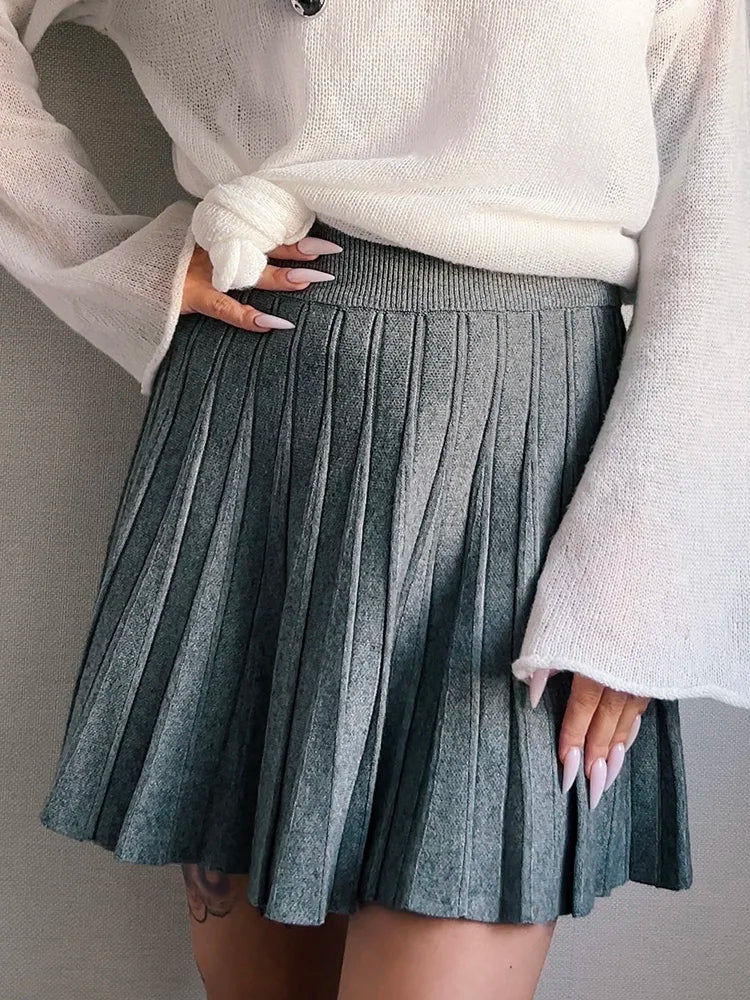 Autumn Knit White Mini Pleated Skirts For Women A Line Skirt Gray High Waist Women Knitted Pleated Short Skirts Korean Fashion