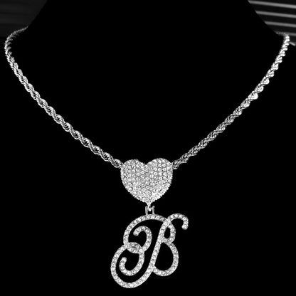 Hip Hop Bling Crystal Cursive Letter Initial Pendant Necklace Women Iced Out Cuban Choker Square Tennis Chain Necklace Jewelry