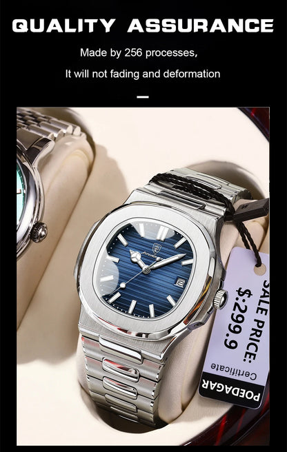 POEDAGAR Luxury Brand Men's Quartz Wristwatch Stainless Steel Waterproof Luminous Date Man Clock Square Business Watches For Men