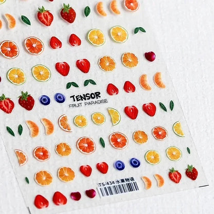 Fresh Sweet Fruits Strawberry Cherry Bowknot Love Heart Lemon 5D Nail Art Stickers Self Adhesive Decorations Nail Manicure Decal