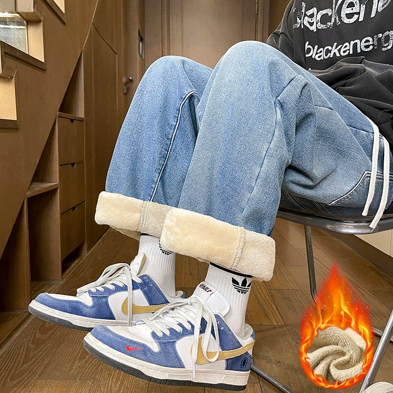 Men's Thicke Fleece Straight Jeans Winter Velvet Thermal Nostalgia Washing Denim Pants Streetwear Elastic Waist Loose Trousers