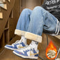 Men's Thicke Fleece Straight Jeans Winter Velvet Thermal Nostalgia Washing Denim Pants Streetwear Elastic Waist Loose Trousers