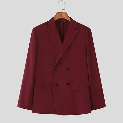 INCERUN Men Sets Solid Color Double Breasted Long Sleeve Blazer & Pants Two Pieces Sets Streetwear Fashion Casual Men's Suits